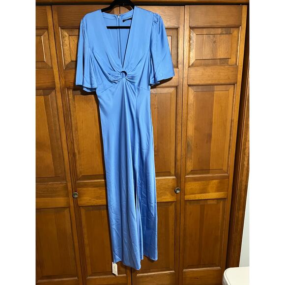 NWT Abercrombie & Fitch Satin Flutter Sleeve Maxi Dress Blue V-Neck Ring Size MT - Picture 2 of 12